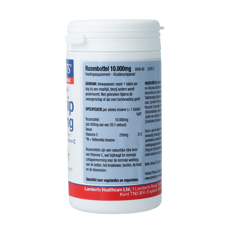 Lamberts Rozenbottel 10,000mg herbal supplement box with 60 tablets, featuring product branding and label details.
