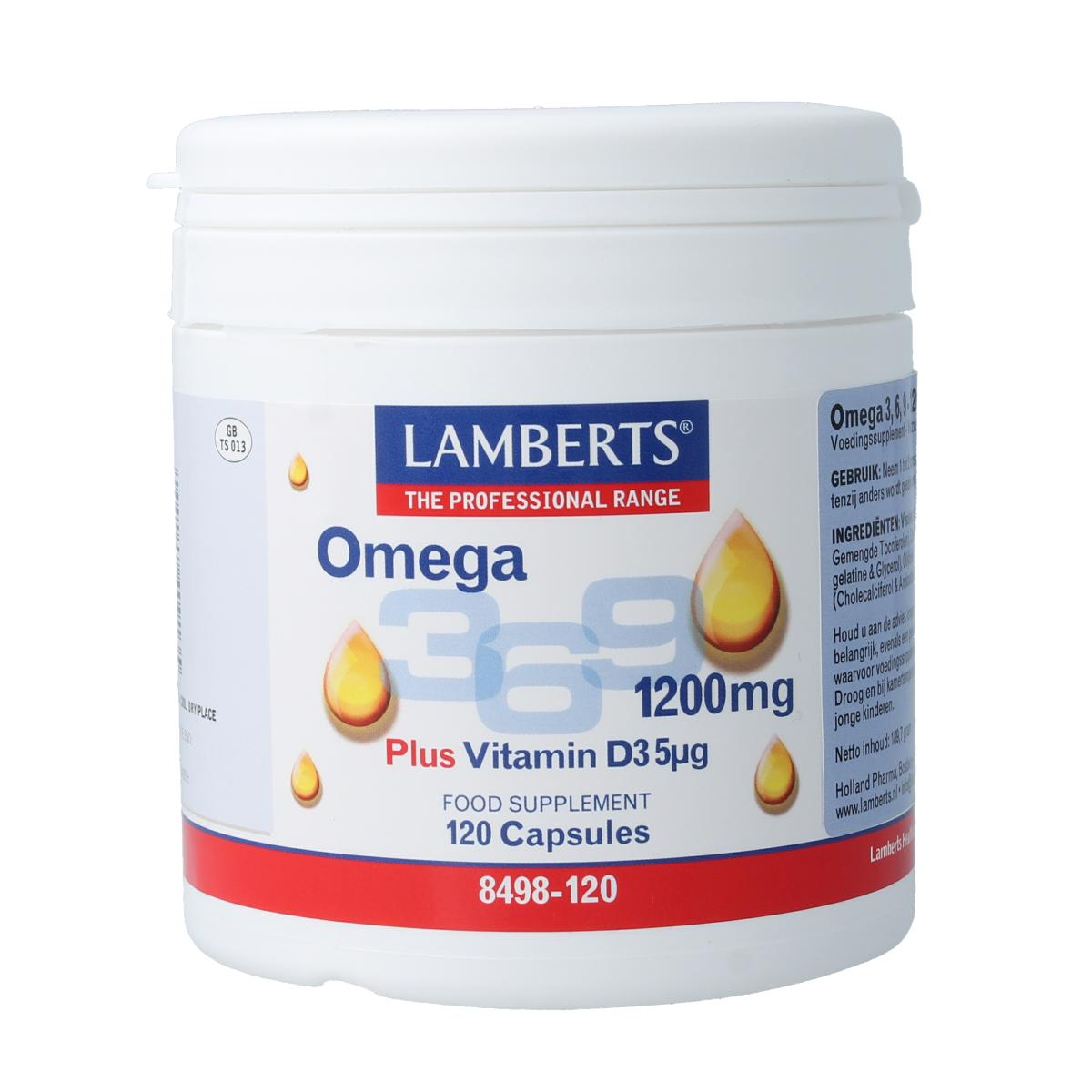 Lamberts Omega 3 6 9 visolie capsules with vitamin D3, 1200mg, 120 capsules, showing the supplement bottle and capsules.