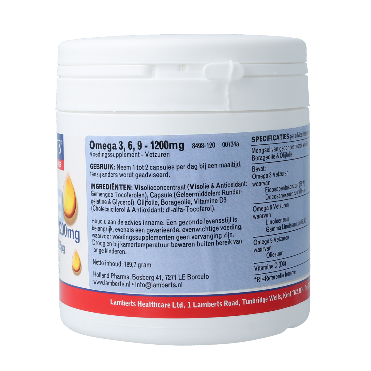Lamberts Omega 3 6 9 capsules with 1200mg fish oil and vitamin D3, showing the supplement bottle and capsules.
