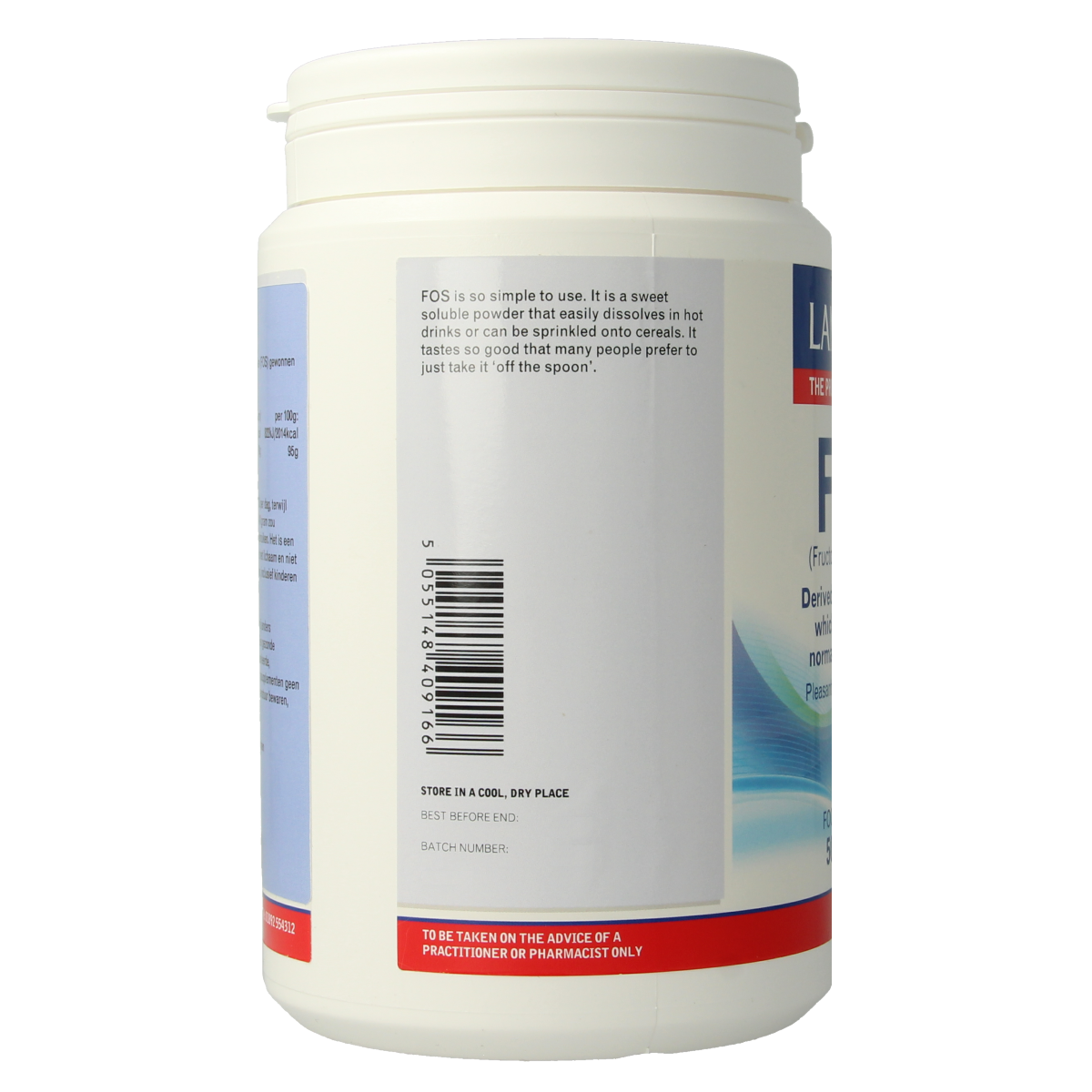 Lamberts FOS Fructo-oligosachariden powder in 500g jar, a dietary supplement containing beneficial micro-organisms.