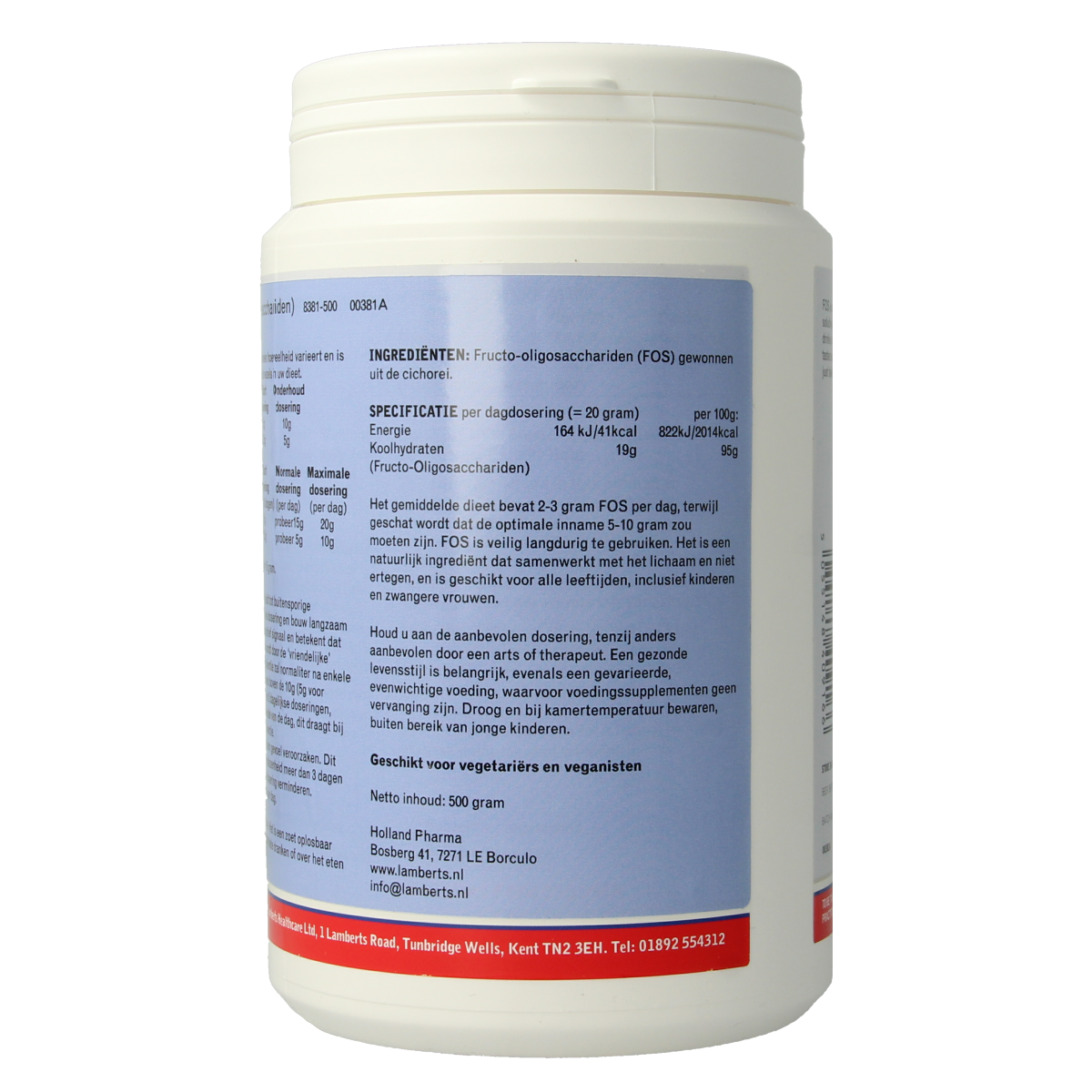Lamberts FOS Fructo-oligosaccharide powder in a 500g container, featuring micro-organismen illustration on the label.