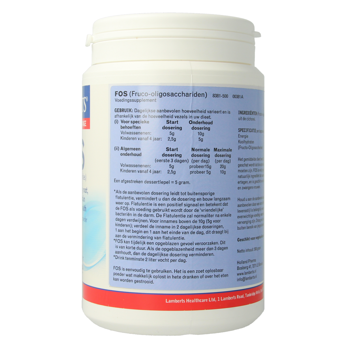 Lamberts FOS Fructo-oligosachariden powder in 500g container, probiotic supplement for digestive health.