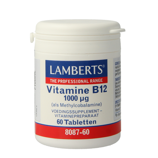Lamberts Vitamin B12 1000mcg methylcobalamin tablets, dietary supplement in bottle showing 60 tablets.