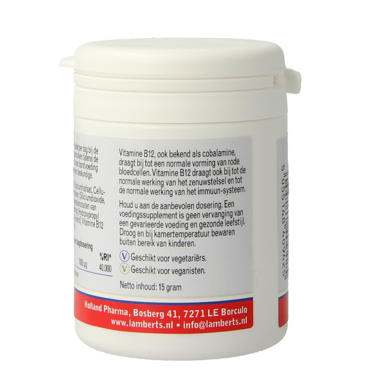 Lamberts Vitamin B12 1000mcg methylcobalamin tablets, close-up of the supplement bottle and tablets on a white background.