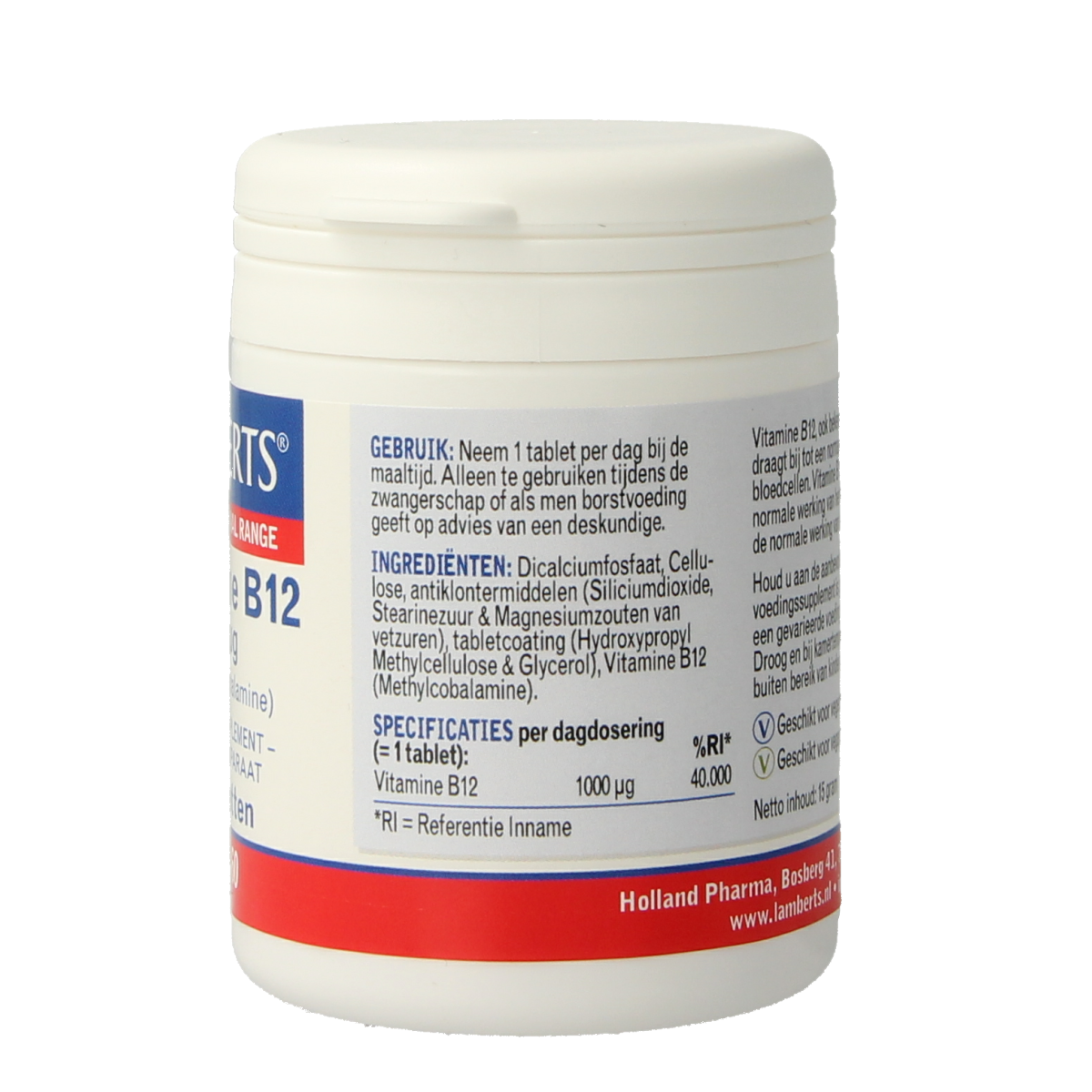 Lamberts Vitamin B12 1000mcg methylcobalamin tablets, close-up of a bottle with 60 tablets in a natural setting.