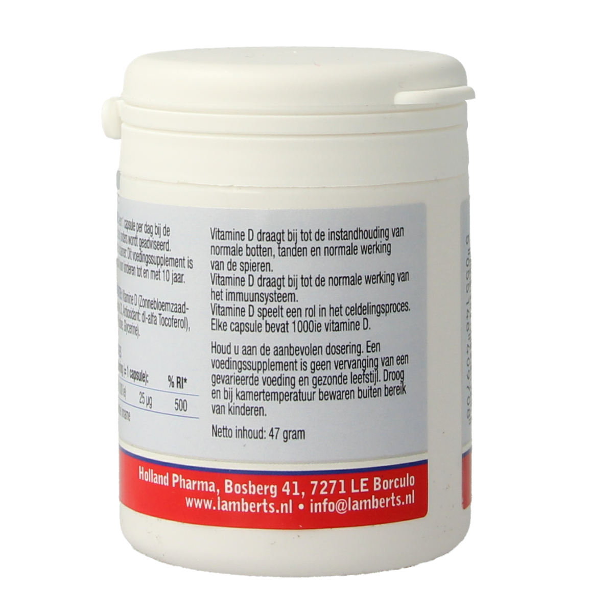 Lamberts Vitamin D3 1000IU capsules, softgel format, showing the supplement bottle with label and capsules inside.