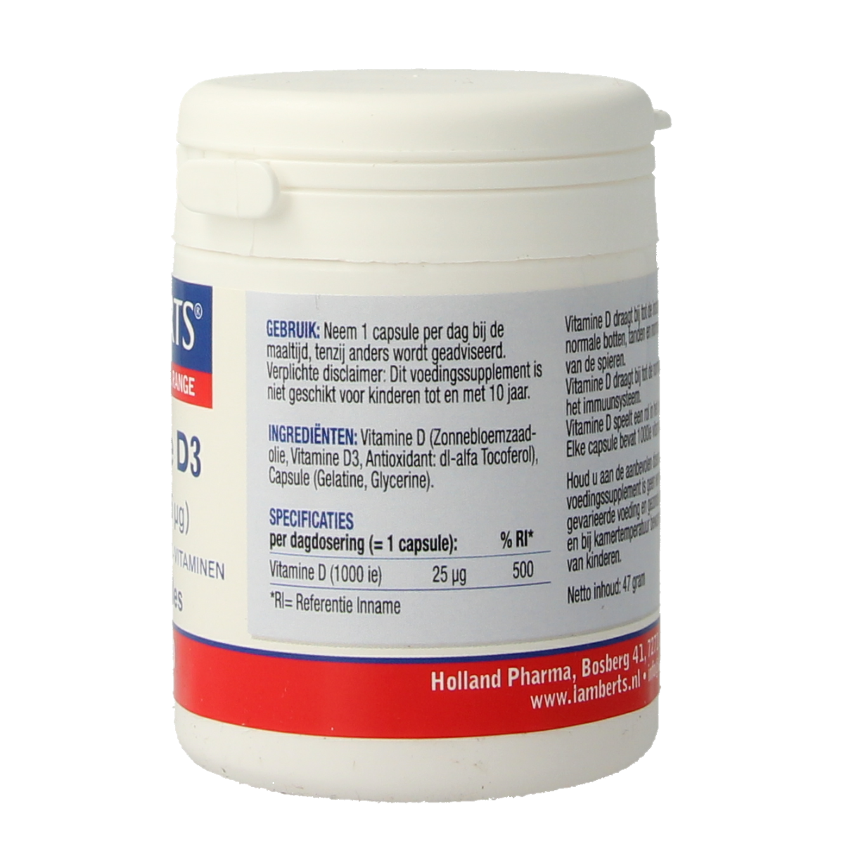 Lamberts Vitamin D3 1000IU 25mcg capsules, dietary supplement in a bottle, showcasing the product label and capsules inside.