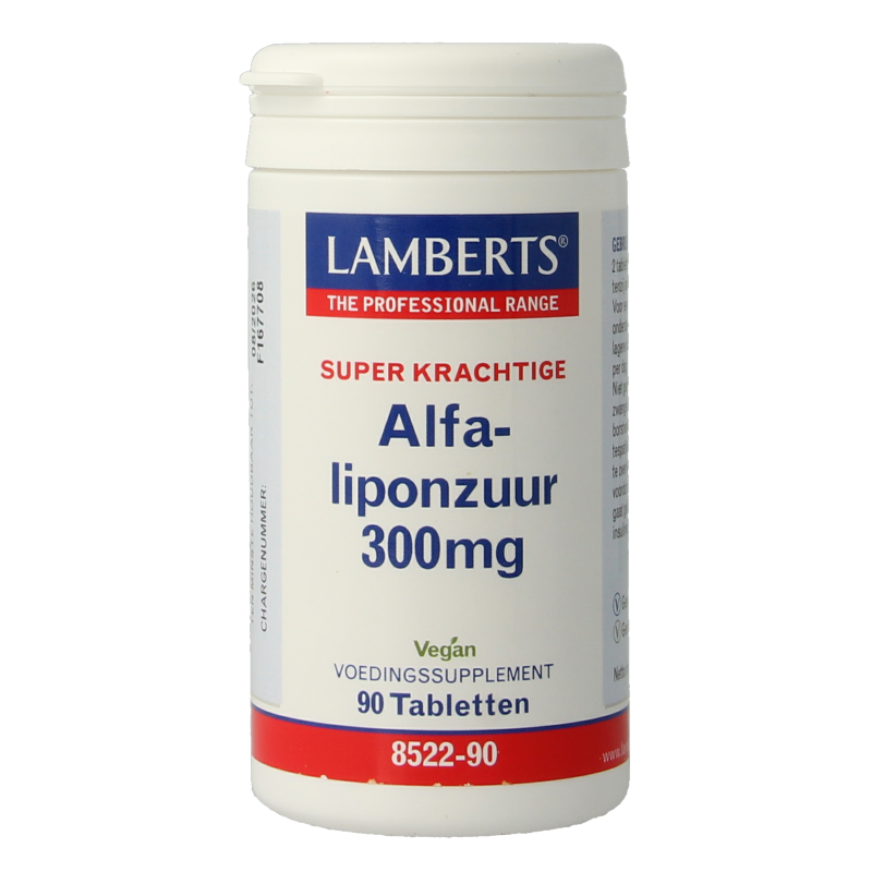 Lamberts Alfa Liponzuur 300mg supplement box with 90 tablets, featuring a white and green packaging design.
