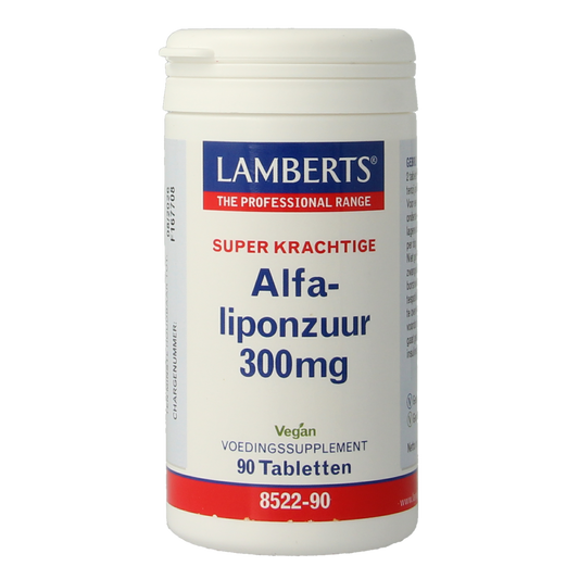 Lamberts Alfa Lipoic Acid 300mg dietary supplement tablets, close-up of 90 tablets in a bottle, showing the supplement label.