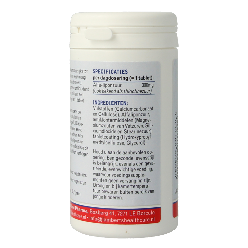 Lamberts Alfa Liponzuur 300mg dietary supplement in a bottle of 90 tablets, featuring yellow and white packaging.
