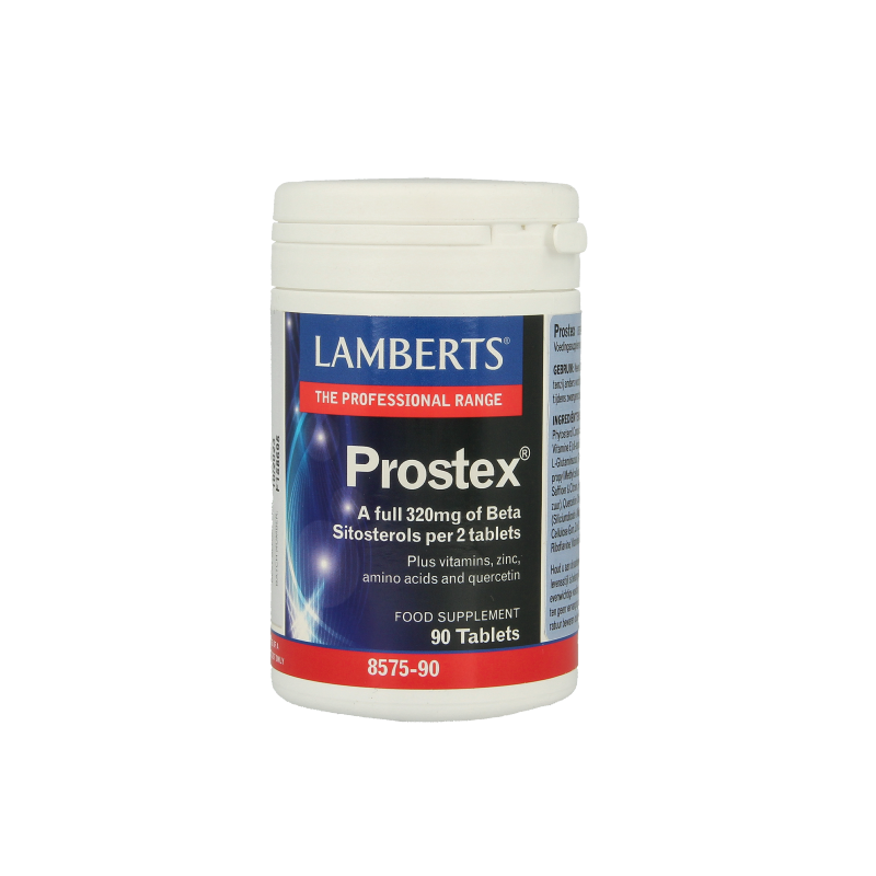 Lamberts Prostex 320mg beta sitosterol herbal supplement tablets in blister pack, natural plant-based prostate support.