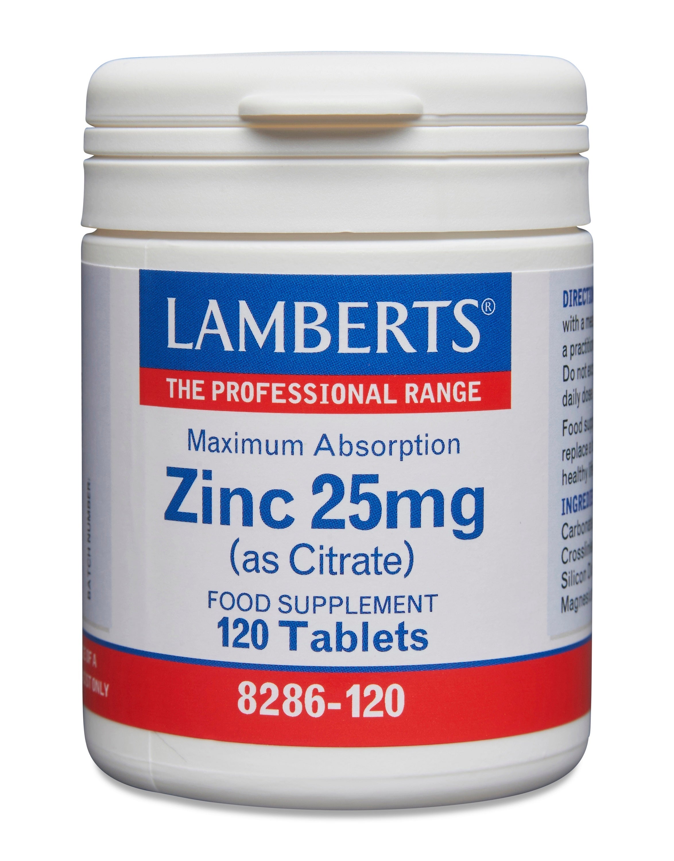 Lamberts Zinc Citrate 25mg supplement bottle with 120 tablets, showing the product label and tablets inside the bottle.
