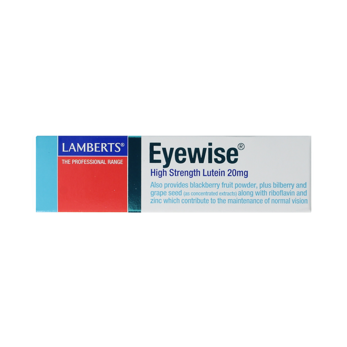 Lamberts Eyewise luteïne 20mg vitamin supplement in a bottle with 60 tablets, designed to support eye health.