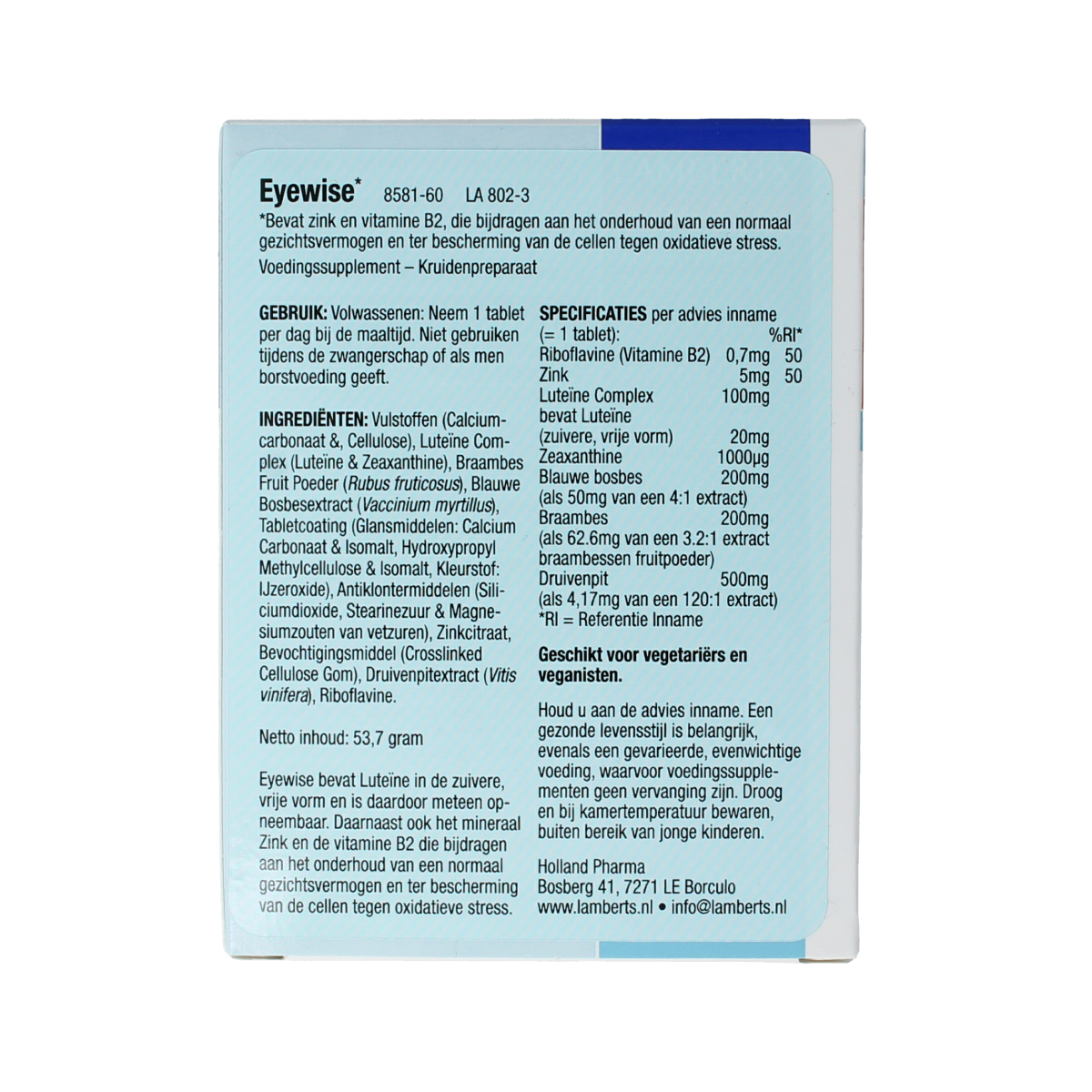 Lamberts Eyewise multivitamin bottle with 60 tablets, featuring lutein 20mg for eye health support.