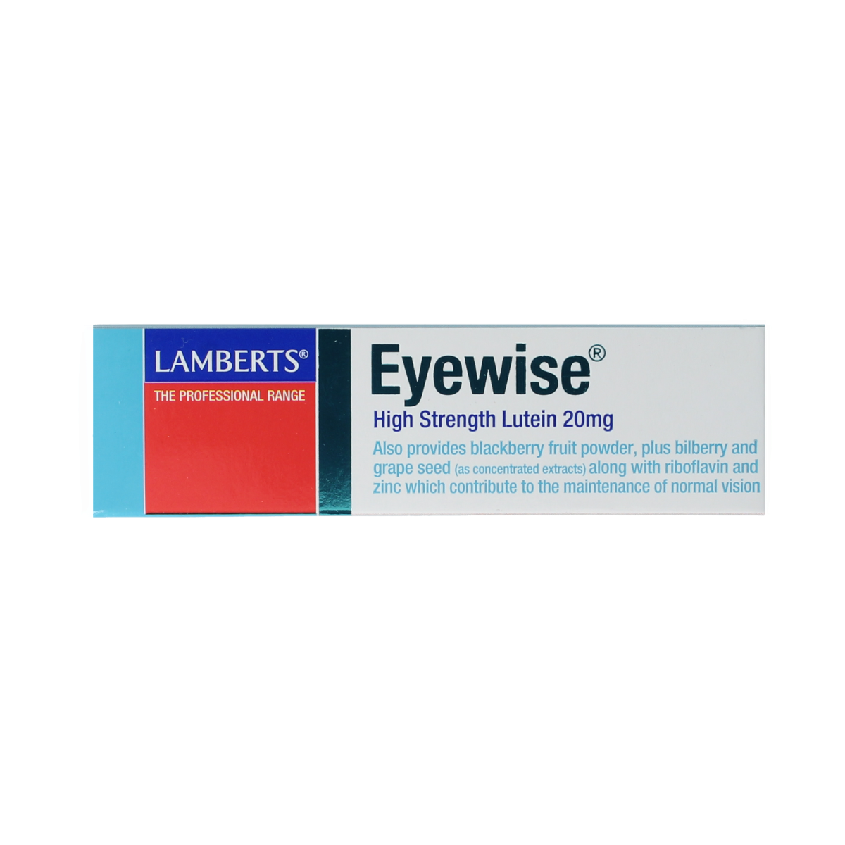 Lamberts Eyewise luteïne 20mg vitamin tablets, 60-count, dietary supplement for eye health, with yellow and white packaging.