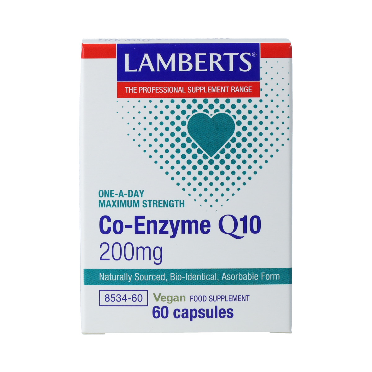 Lamberts CoQ10 200mg vegetarian capsules, dietary supplement in a white bottle with a label showing supplement details.