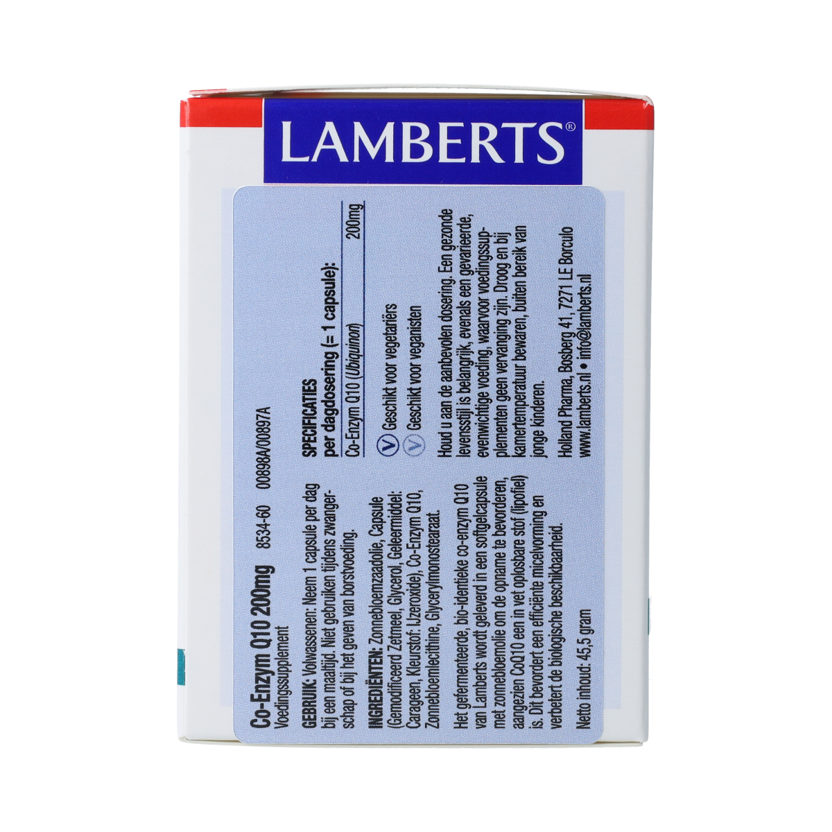 Lamberts Coenzyme Q10 200mg vegetarian capsules, dietary supplement bottle with 60 capsules on white background.