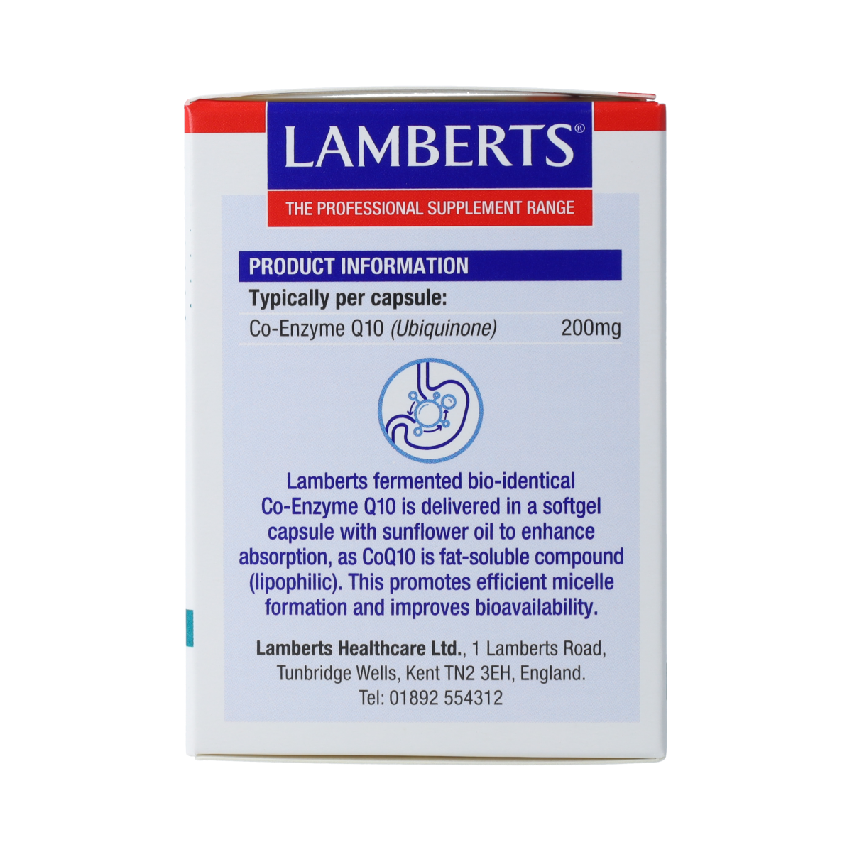 Lamberts Coenzyme Q10 200mg vegetarian capsules, dietary supplement in clear bottle with white cap, close-up view.