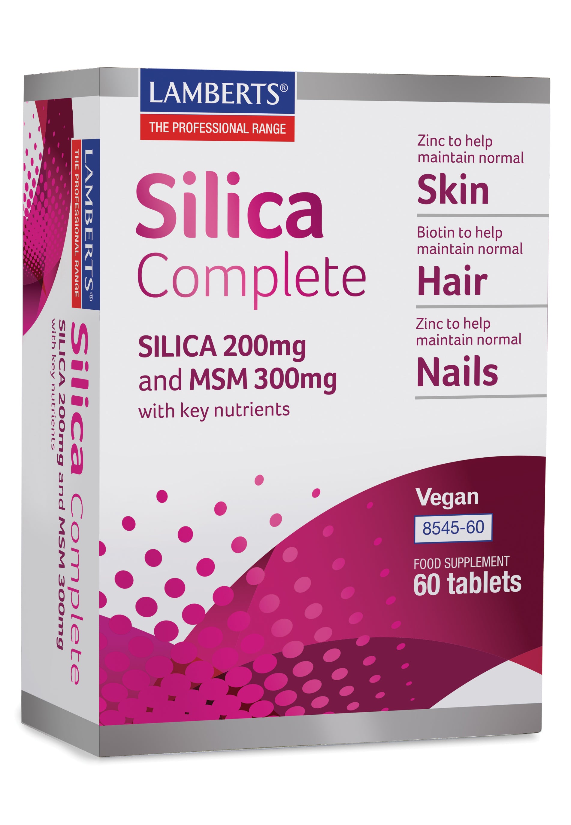 Lamberts Silica Compleet mineral supplement tablets, 60 count, showing the bottle and tablets on a white background.