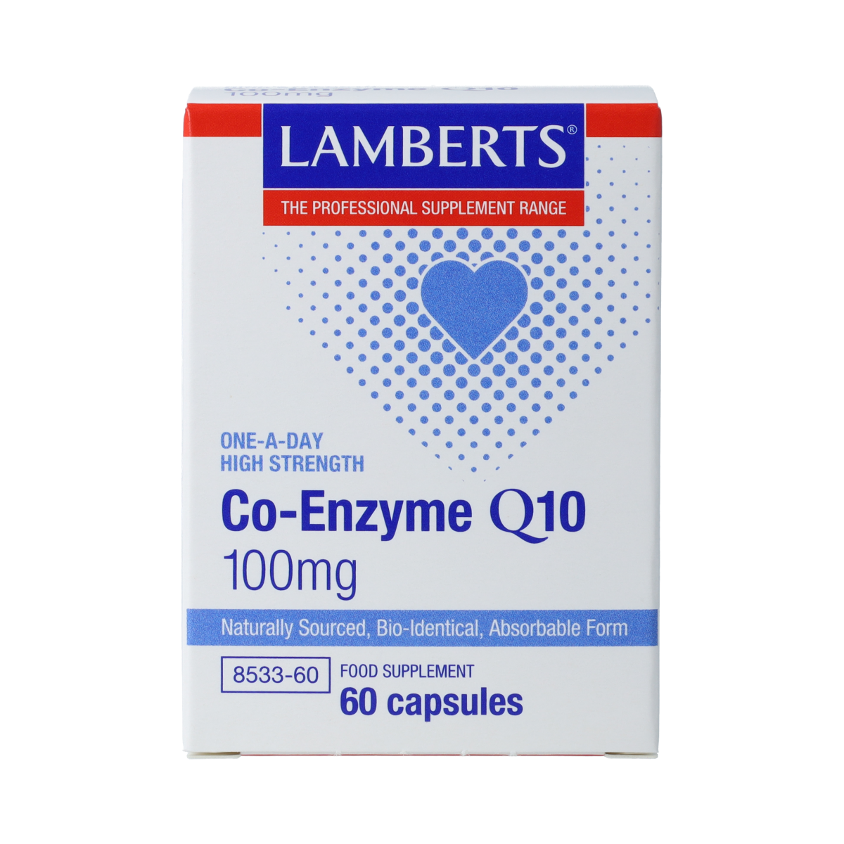 Lamberts Coenzyme Q10 100mg capsules in a bottle, dietary supplement for energy and heart health.