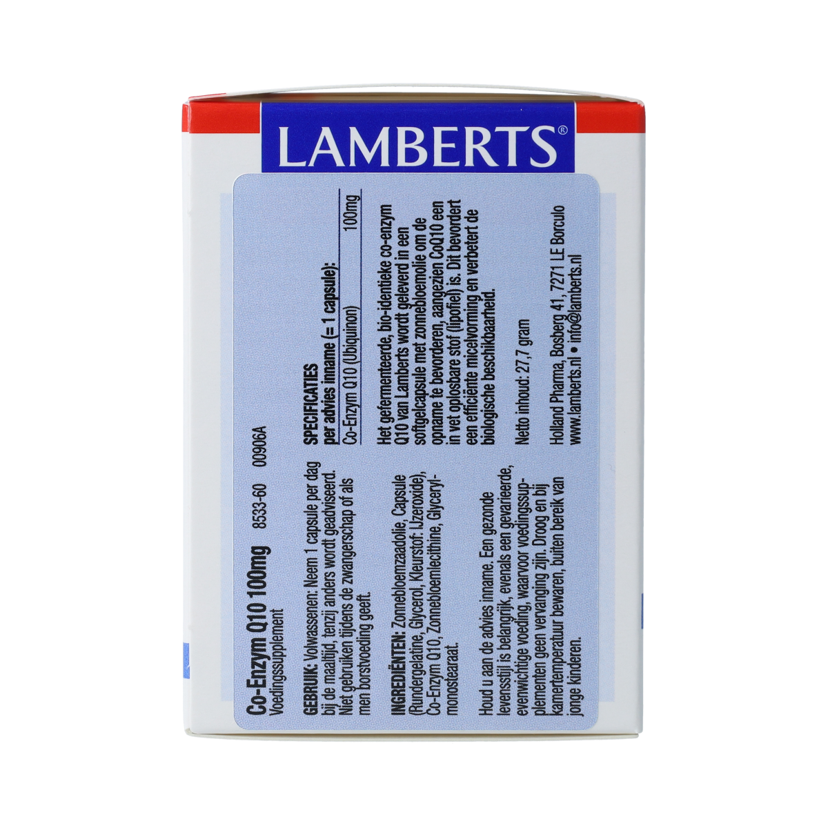 Lamberts Coenzyme Q10 100mg capsules, dietary vitamin supplement in a brown bottle with a white label.