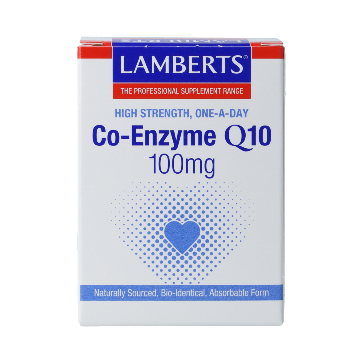 Lamberts Co Enzym Q10 100mg capsules, dietary supplement in a clear bottle with a white label and blue accents.