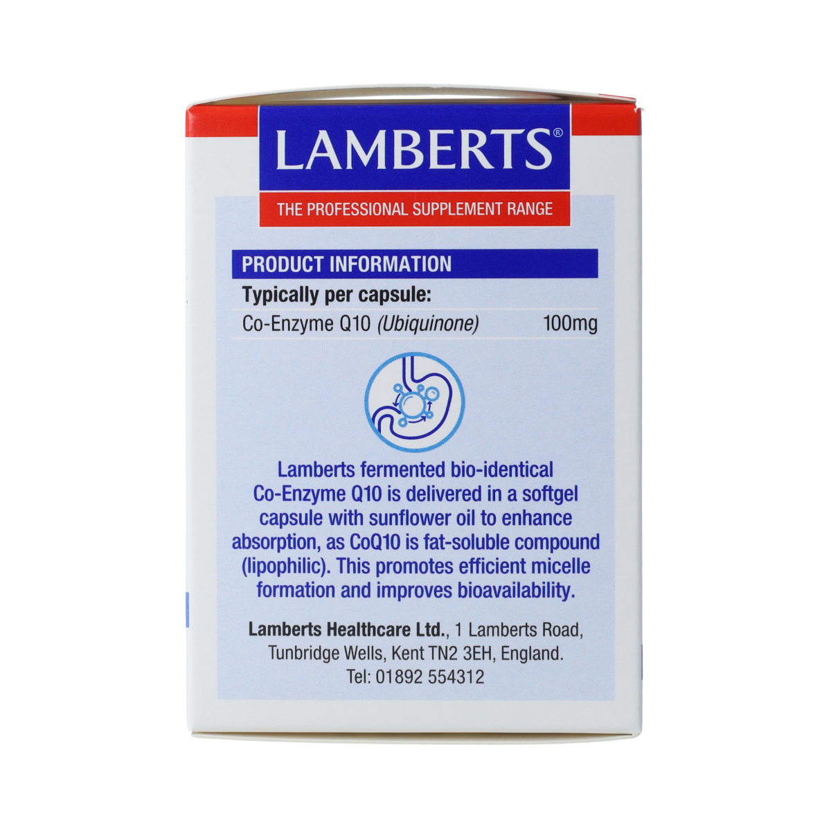 Lamberts Co Enzym Q10 100mg capsules, dietary supplement in a clear bottle with a white label and blue accents.