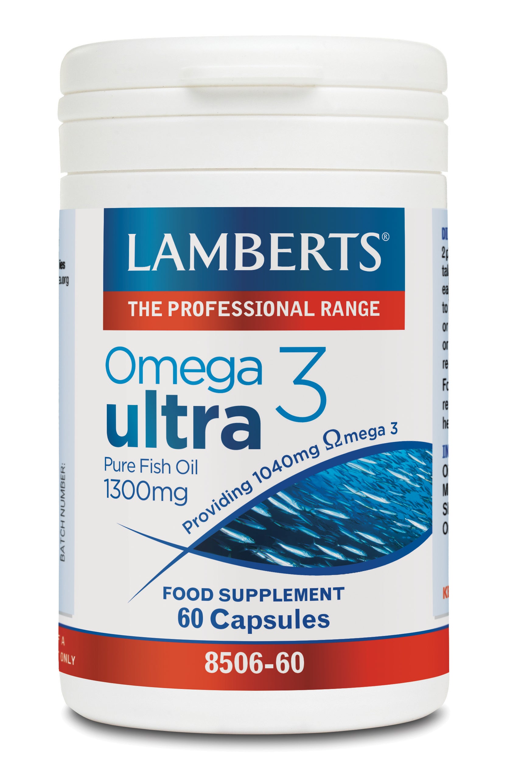 Lamberts Omega 3 Ultra Pure fish oil capsules, 1300mg, 60 capsules, softgel vitamins for heart and brain health.