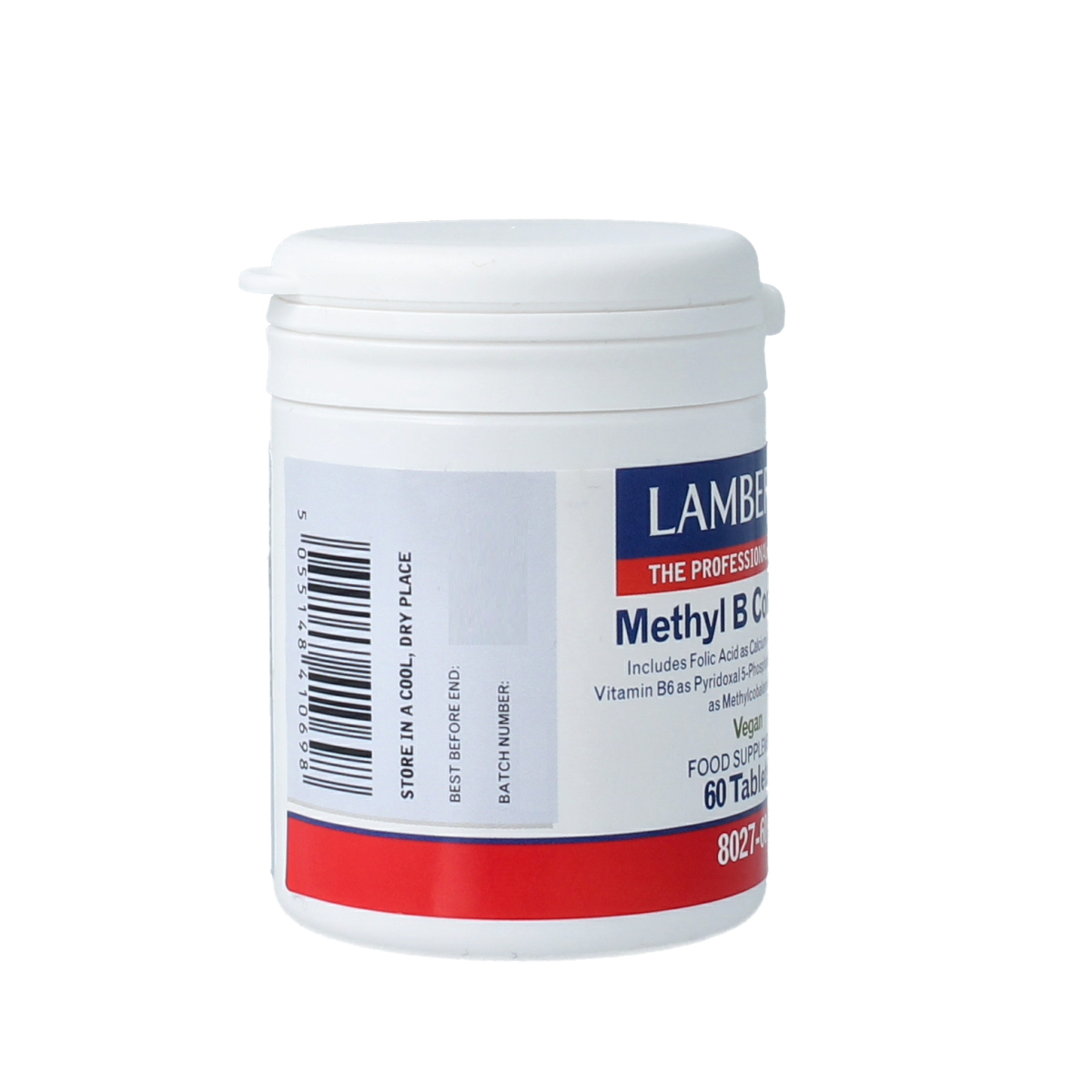 Lamberts Methyl B Complex vitamin tablets in a bottle, dietary supplement for energy and overall health.