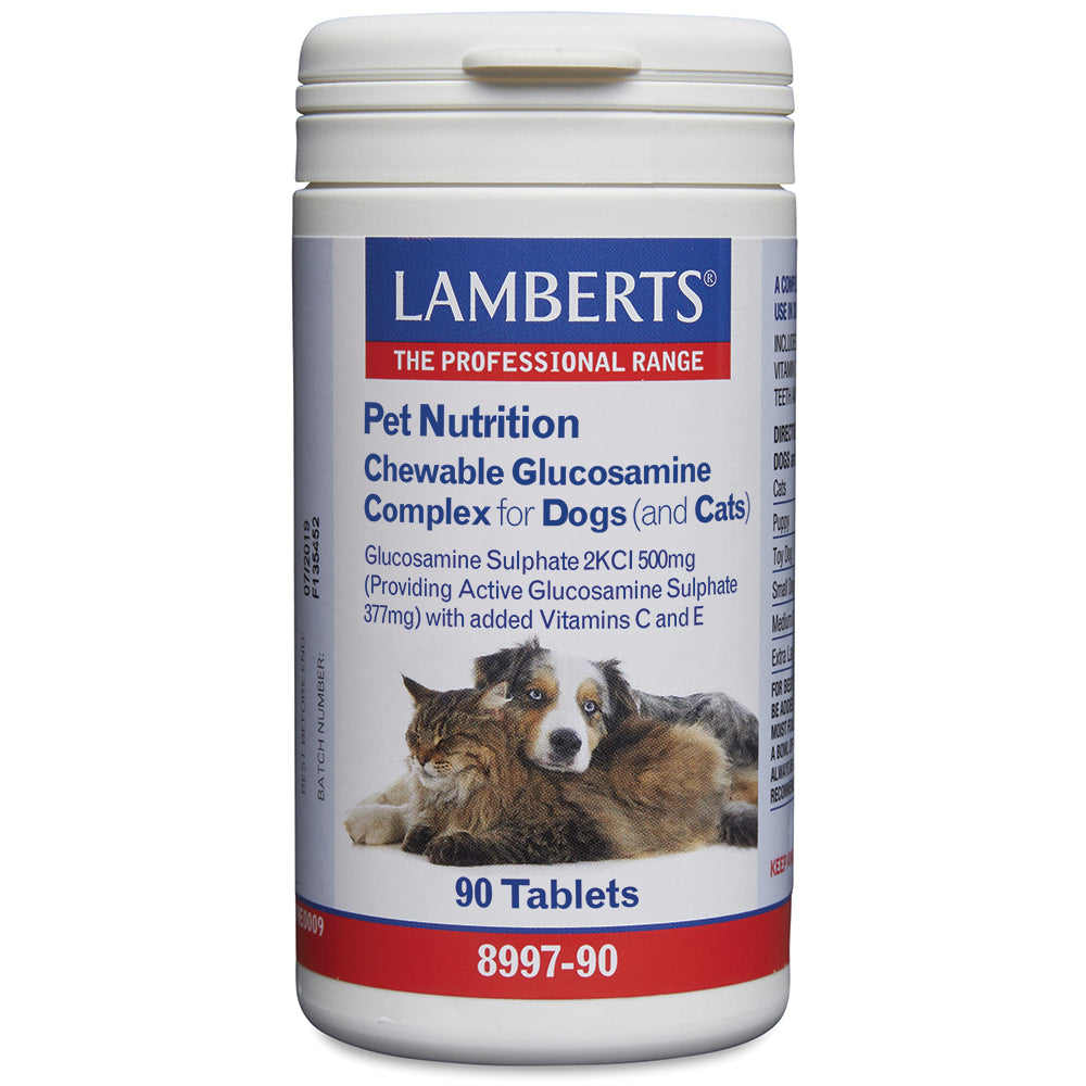 Lamberts Glucosamine chew tablets for dogs and cats, 90 count, dietary supplement for joint health and mobility.