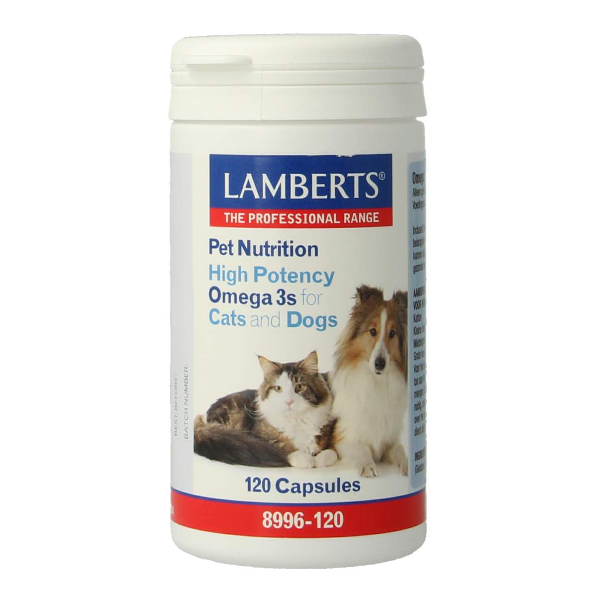 Lamberts Omega 3 capsules for dogs and cats, dietary supplement in a bottle, with 120 capsules for animal health.