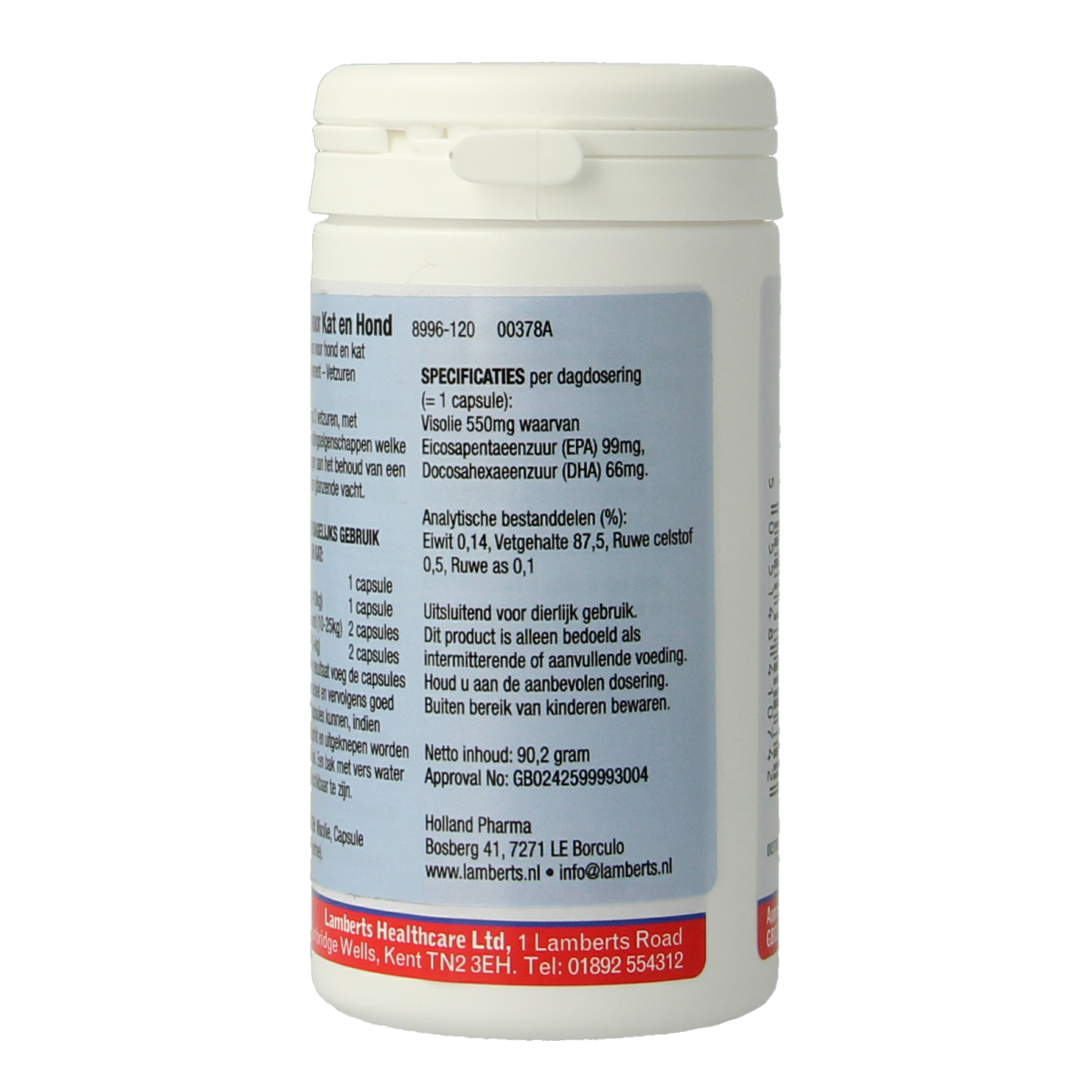 Lamberts Omega 3 capsules for dogs and cats, dietary supplement in a bottle with 120 capsules visible.