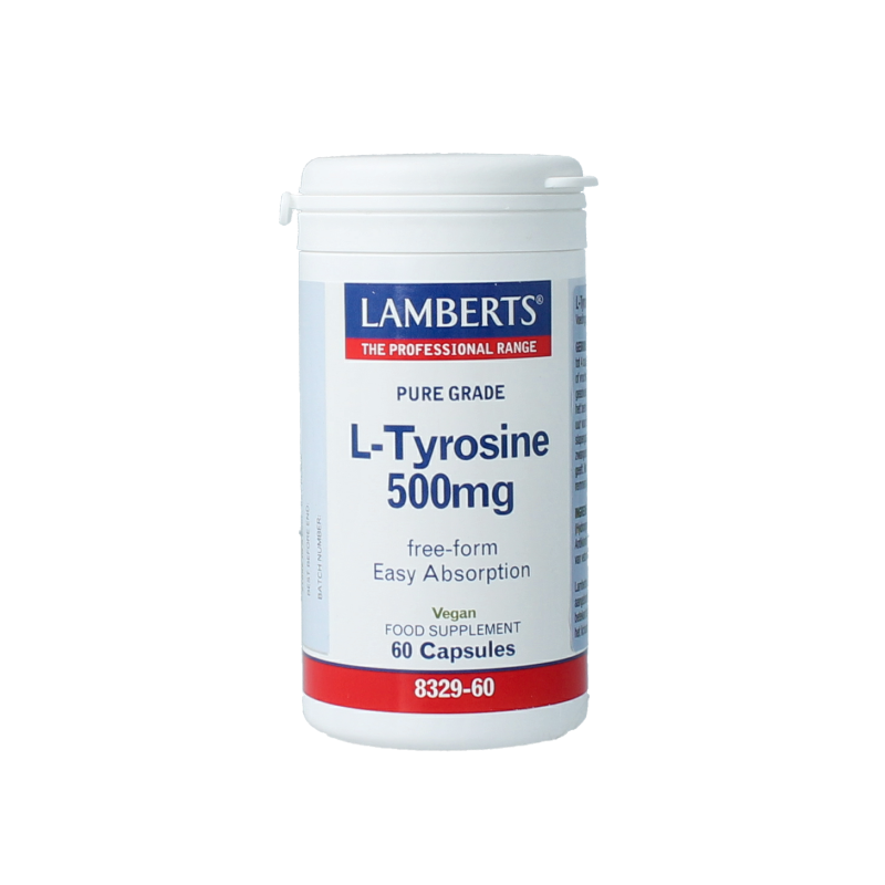 Lamberts L-Tyrosine 500mg amino acid capsules in a white bottle, showing the product label and capsules inside.