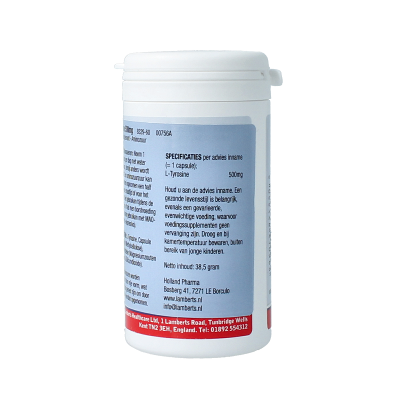 Lamberts L-Tyrosine 500mg amino acid capsules, 60 count, dietary supplement with natural L-Tyrosine in a bottle.