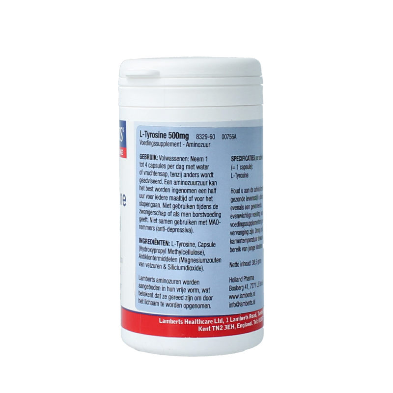 Lamberts L-Tyrosine 500mg amino acid capsules, 60-count bottle, showing the supplement capsules in a clear container.