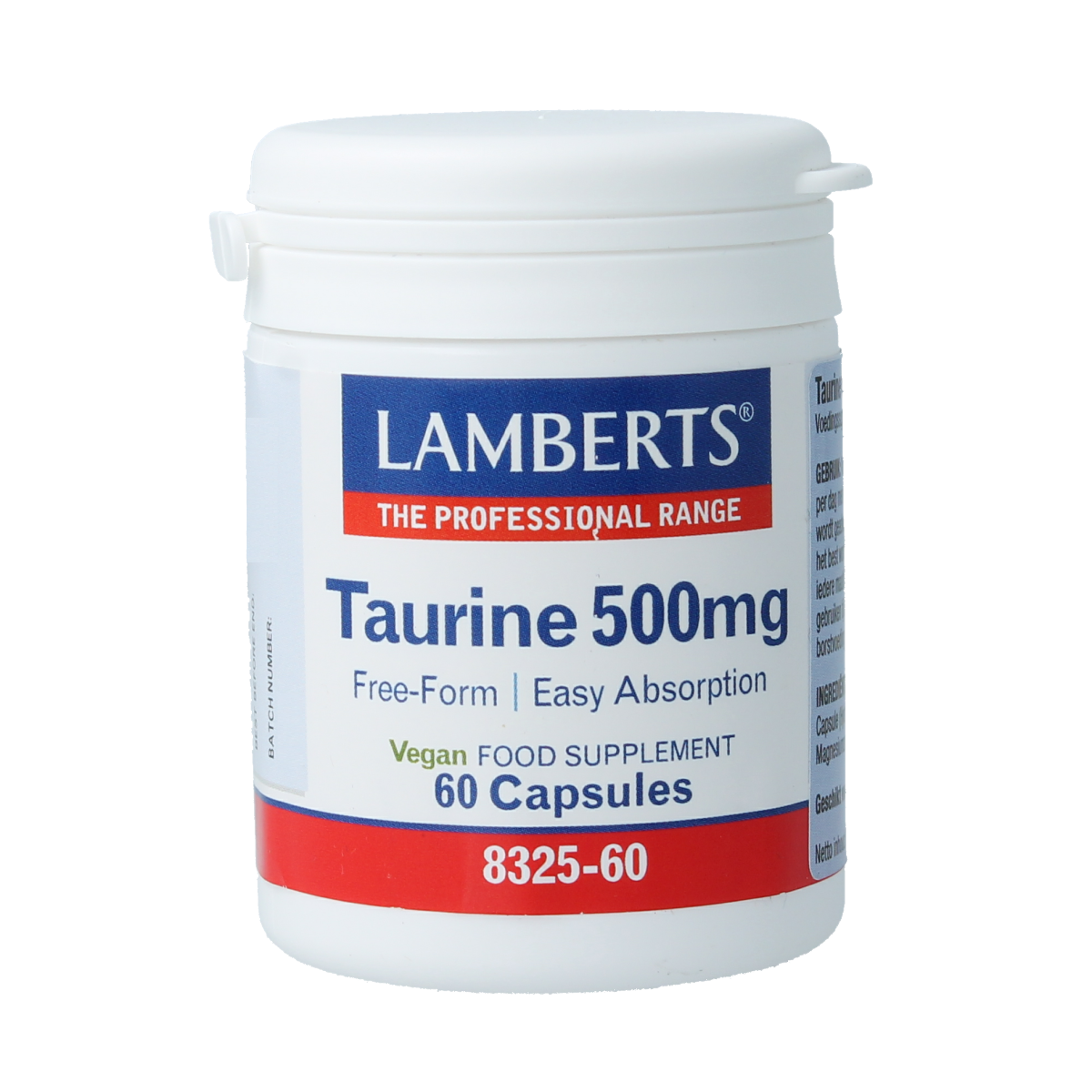 Lamberts Taurine 500mg vegetarian capsules, amino acid supplement in a clear bottle with green label, close-up view.