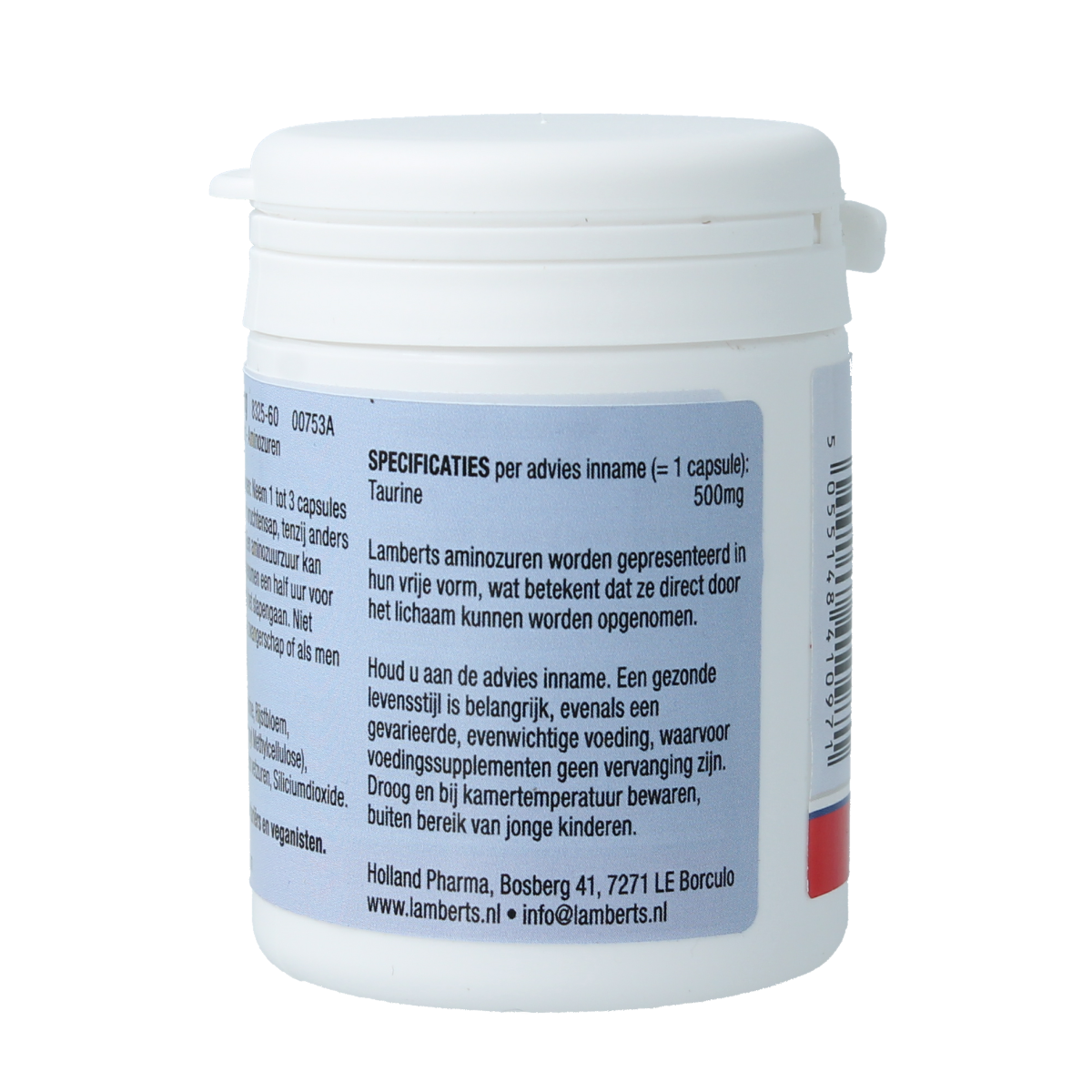 Lamberts Taurine 500mg vegetarian capsules, dietary amino acid supplement shown in blister pack.