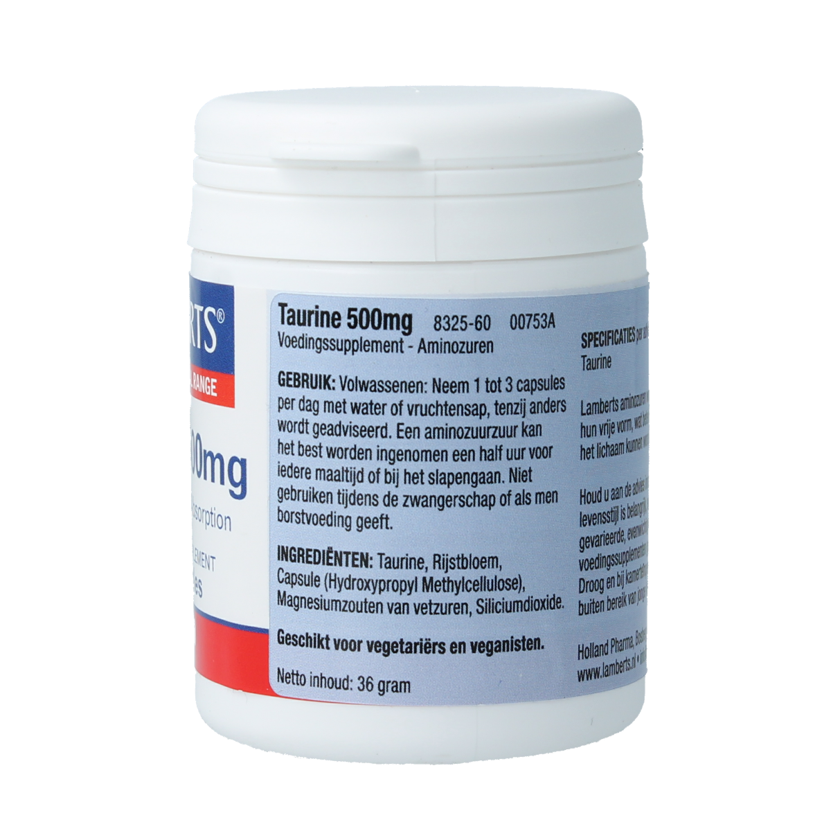 Lamberts Taurine 500mg vegetarian capsules, dietary amino acids supplement, shown in a bottle with capsules inside