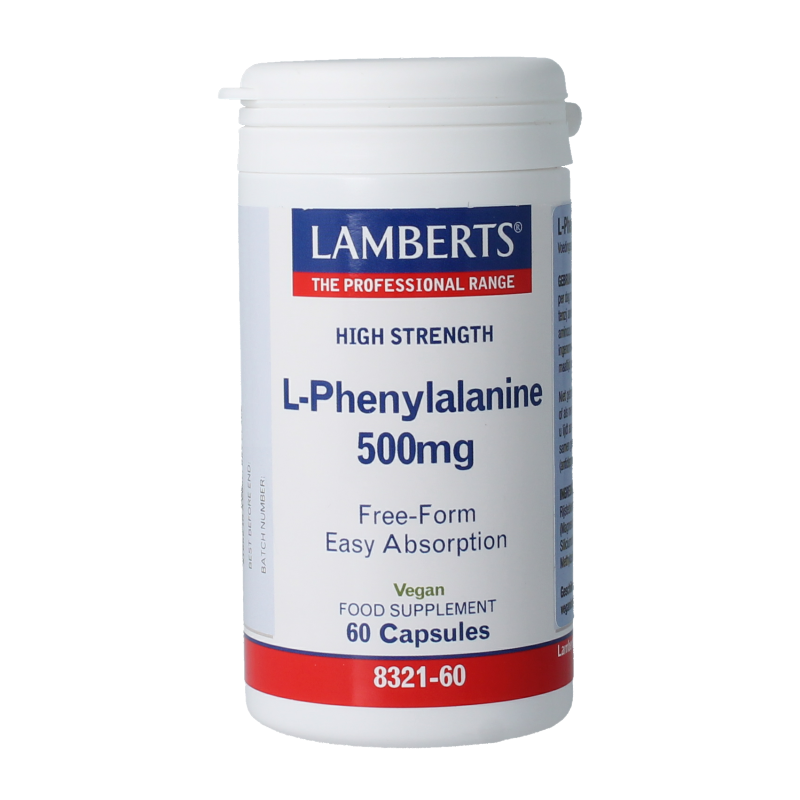 Lamberts L-Phenylalanine 500mg amino acid capsules, 60 softgel capsules, featuring white and green packaging.