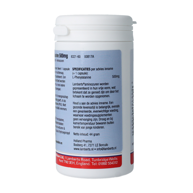 Lamberts L-Phenylalanine 500mg amino acid capsules, 60-count bottle, showing the supplement capsules and label details.