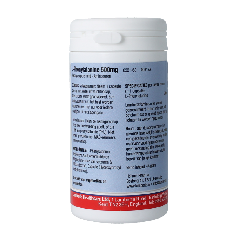 Lamberts L-Phenylalanine 500mg amino acid capsules in a bottle, designed for supplementing amino acids in the body.