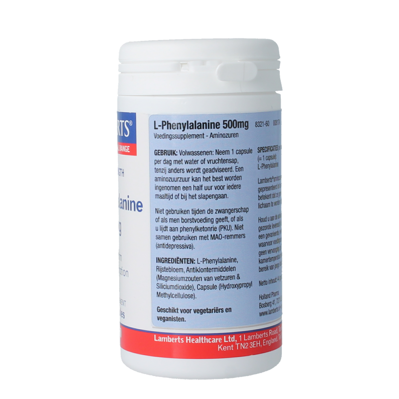Lamberts L-Phenylalanine 500mg amino acid capsules in a clear bottle, showing 60 capsules inside.