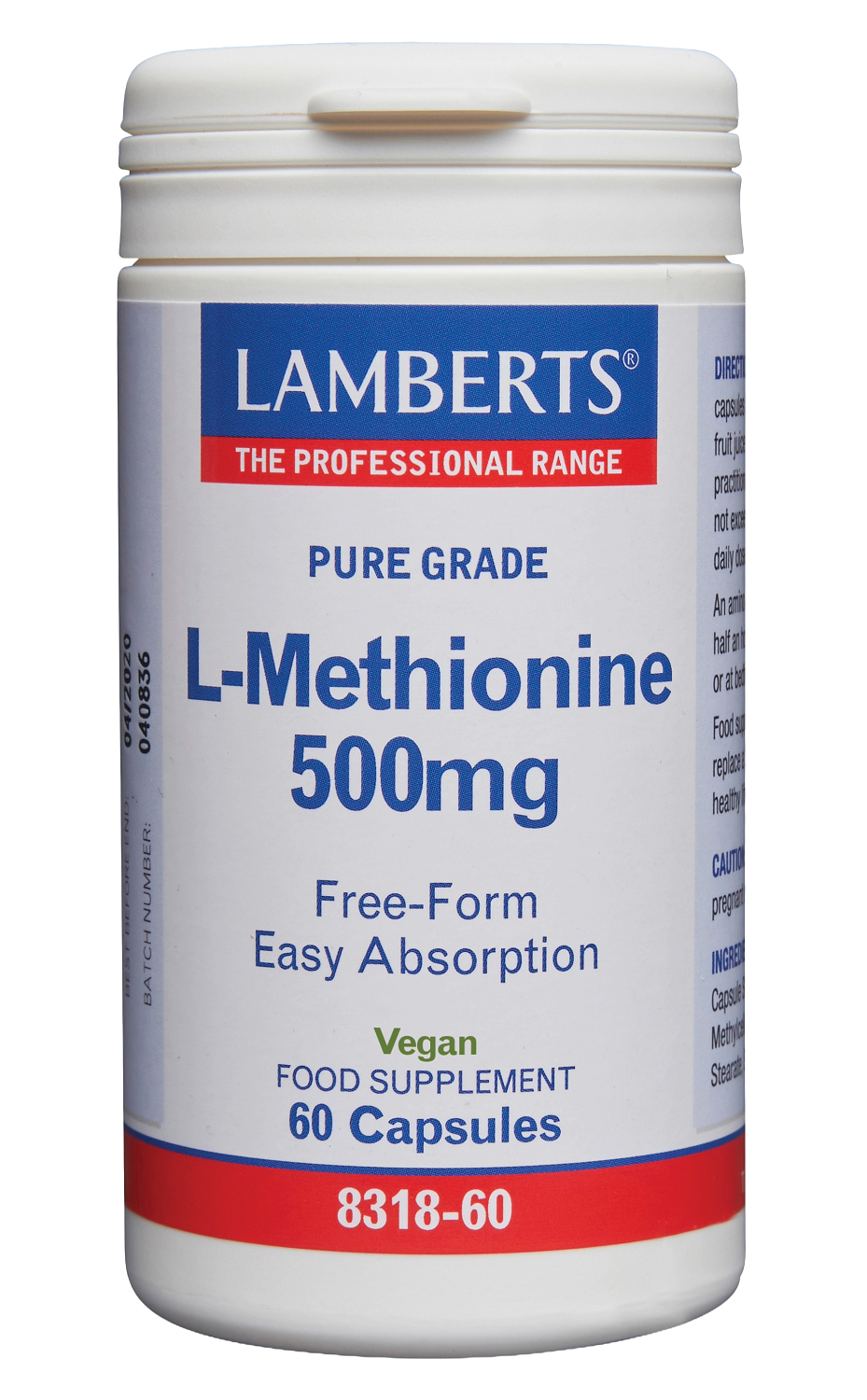 Lamberts L-Methionine 500mg vegetarian capsules, amino acids supplement, shown in clear bottle with capsules inside.