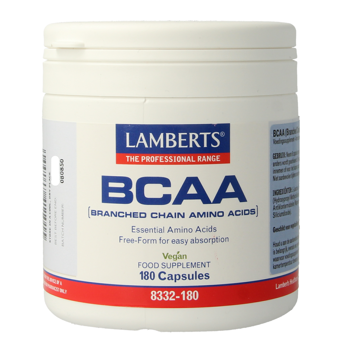 Lamberts BCAA Complex amino acids capsules in a bottle, supplement for muscle recovery and athletic performance.