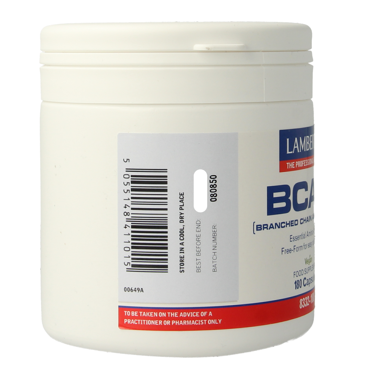 Lamberts BCAA Complex capsules, amino acids supplement in a clear bottle with label, designed for muscle recovery and performance.