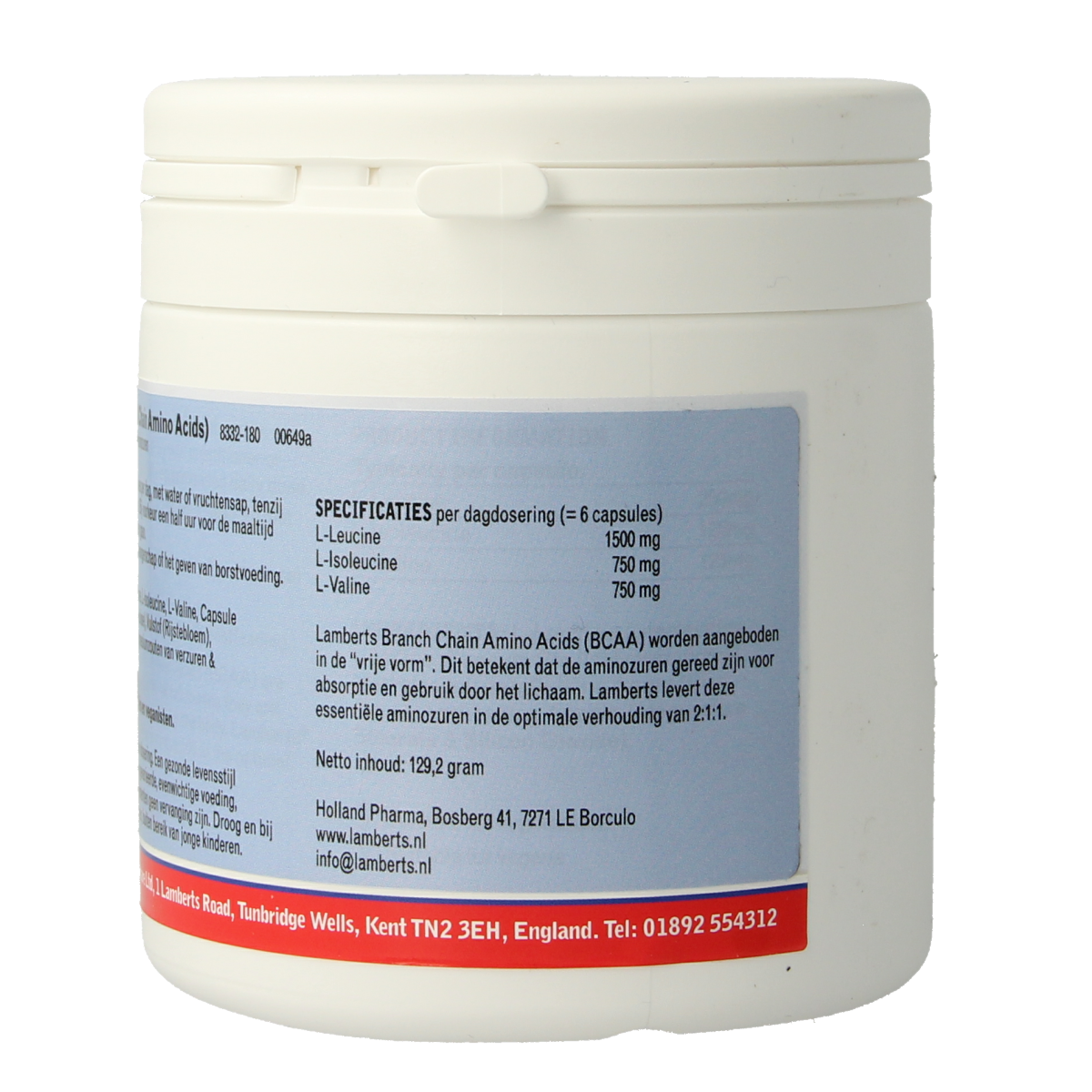 Lamberts BCAA Complex amino acids supplement capsules, 180 count, in clear bottle with label showing product details.