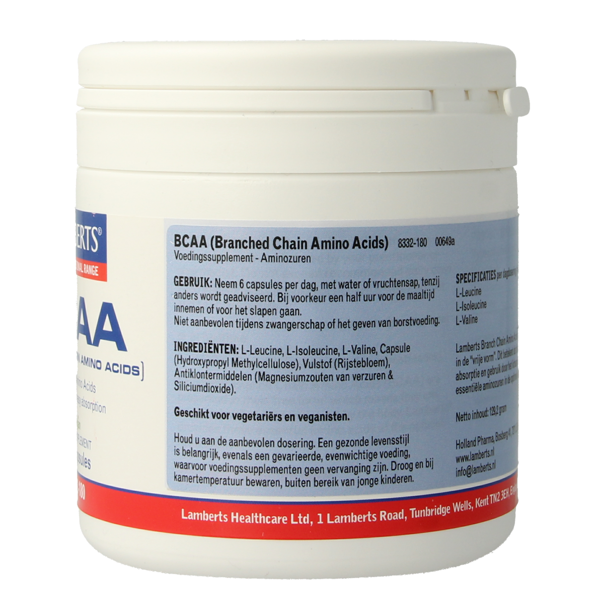 Lamberts BCAA Complex amino acid capsules, 180 count, dietary supplement for muscle recovery and energy support.