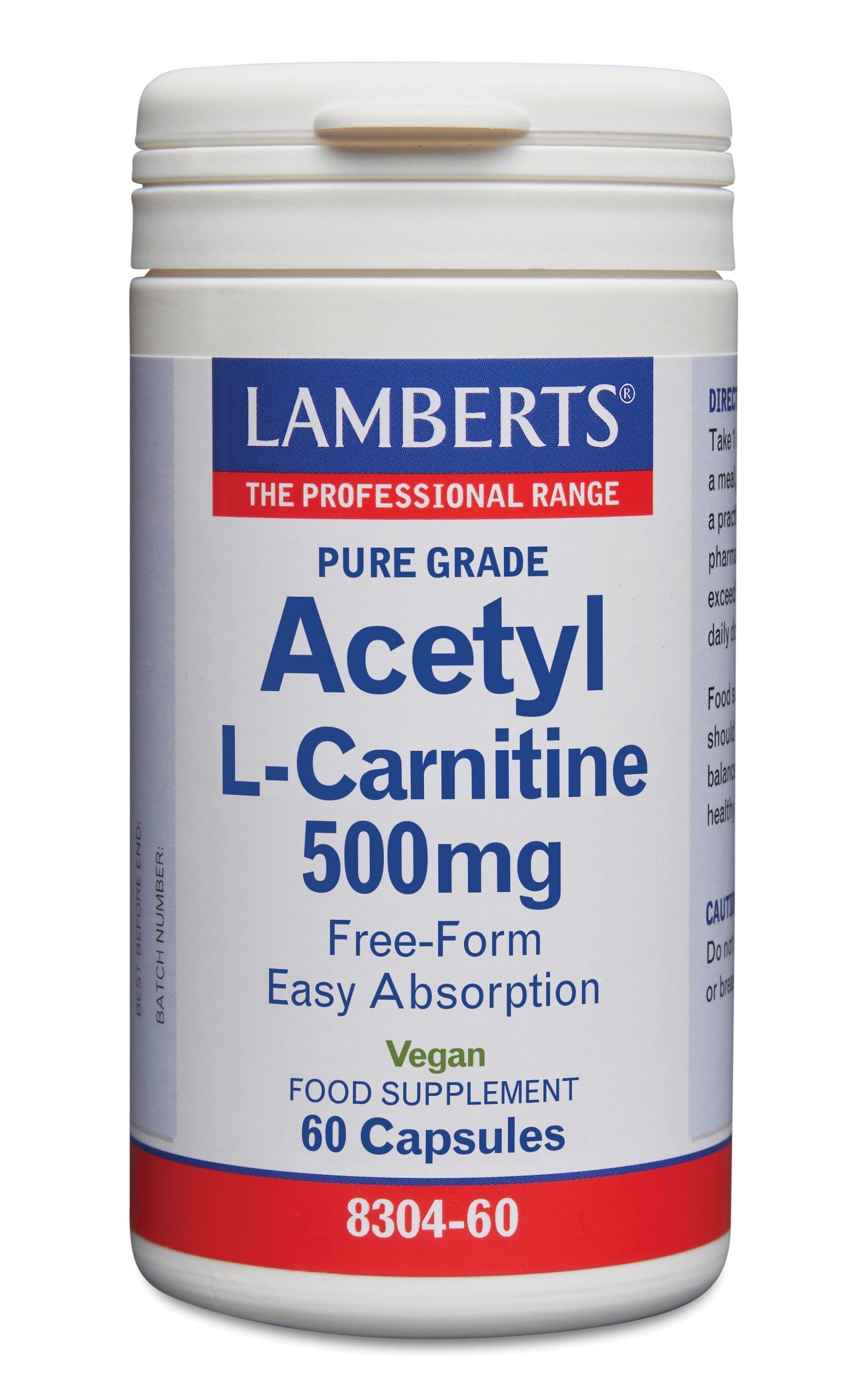 Lamberts Acetyl-L-Carnitine 500mg capsules, amino acid supplement in a white bottle with label showing 60 capsules.