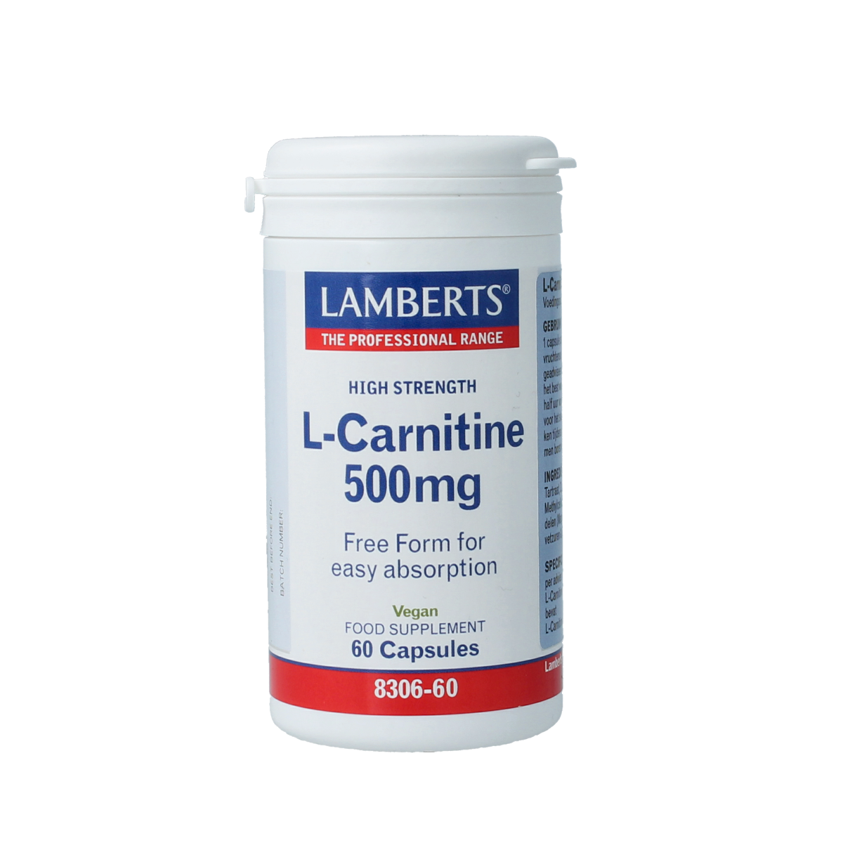 Lamberts L-Carnitine 500mg vegetarian capsules, amino acids supplement in a bottle with capsules visible.