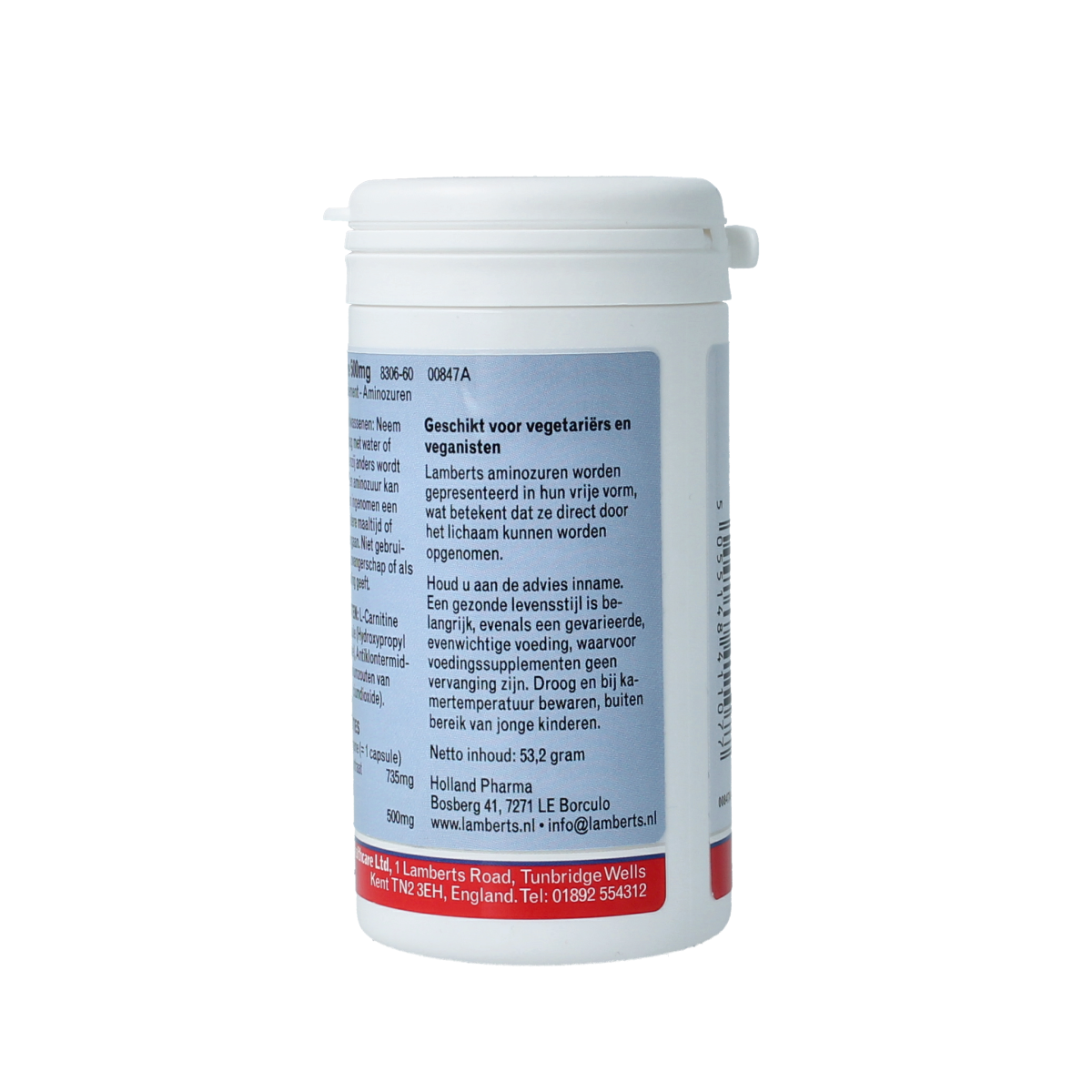Lamberts L-Carnitine 500mg vegetarian capsules, amino acids supplement in orange bottle with 60 capsules.